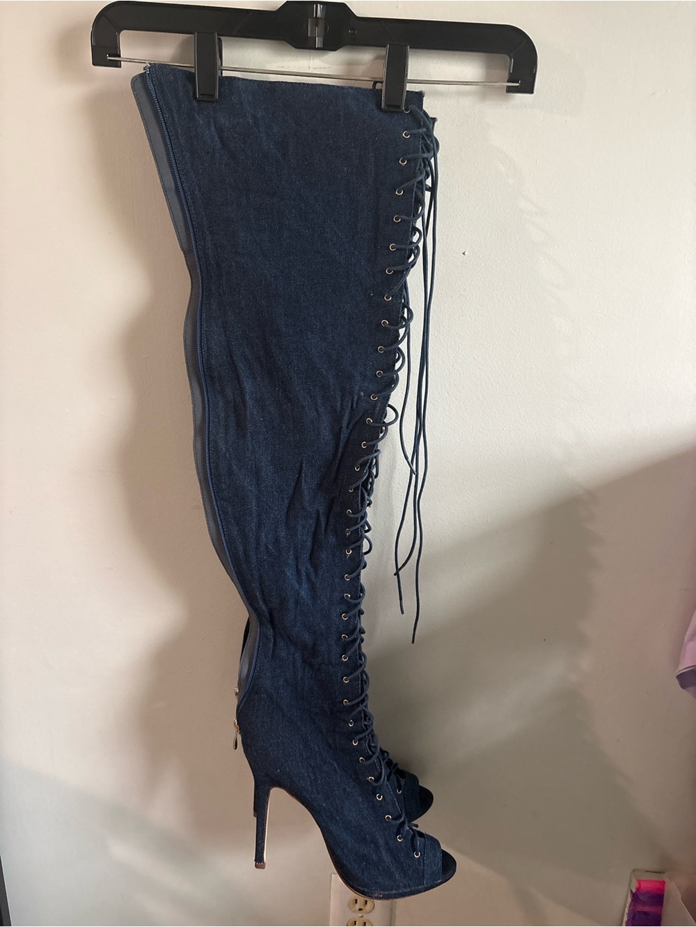 Denim Lace-Up Over-the-Knee Stiletto Boots - Navy